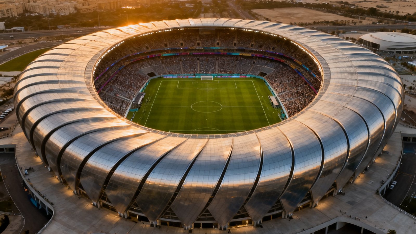 2026年世界杯开幕式举办场馆的航拍全景图，夕阳余晖洒在宏伟的现代化足球场上，绿茵场地清晰可见，看台层叠环绕可容纳八万名观众，场馆外立面呈现流线型金属结构设计
