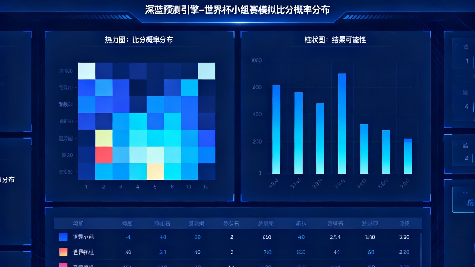 深蓝预测引擎的数据仪表盘界面，显示多场世界杯小组赛的模拟比分概率分布图，使用热力图和柱状图呈现不同比分结果的可能性